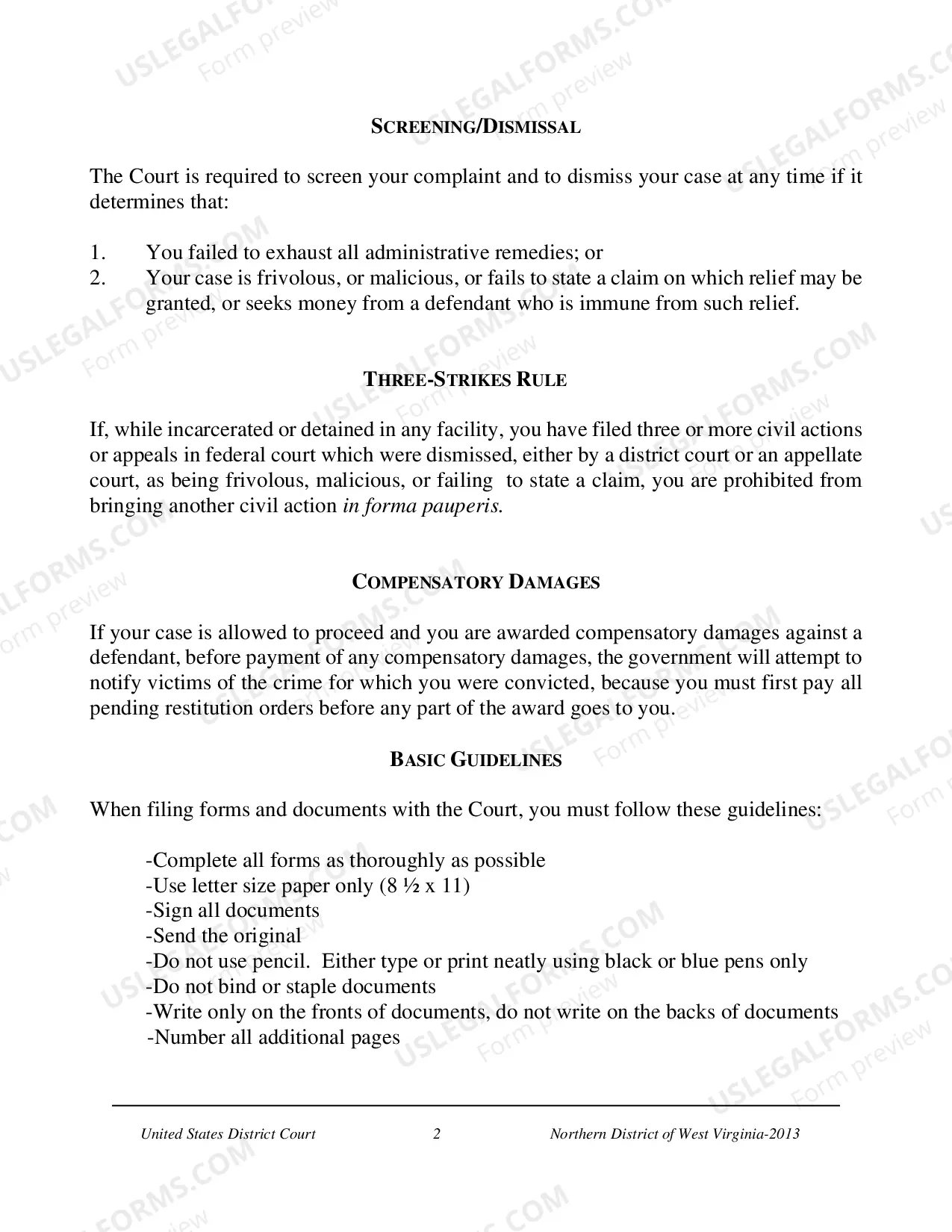 Preview Prisoner Complaint Package-Instructions and Forms for Filing a Civil Rights Complaint under 42 U.S.C. ' 1983