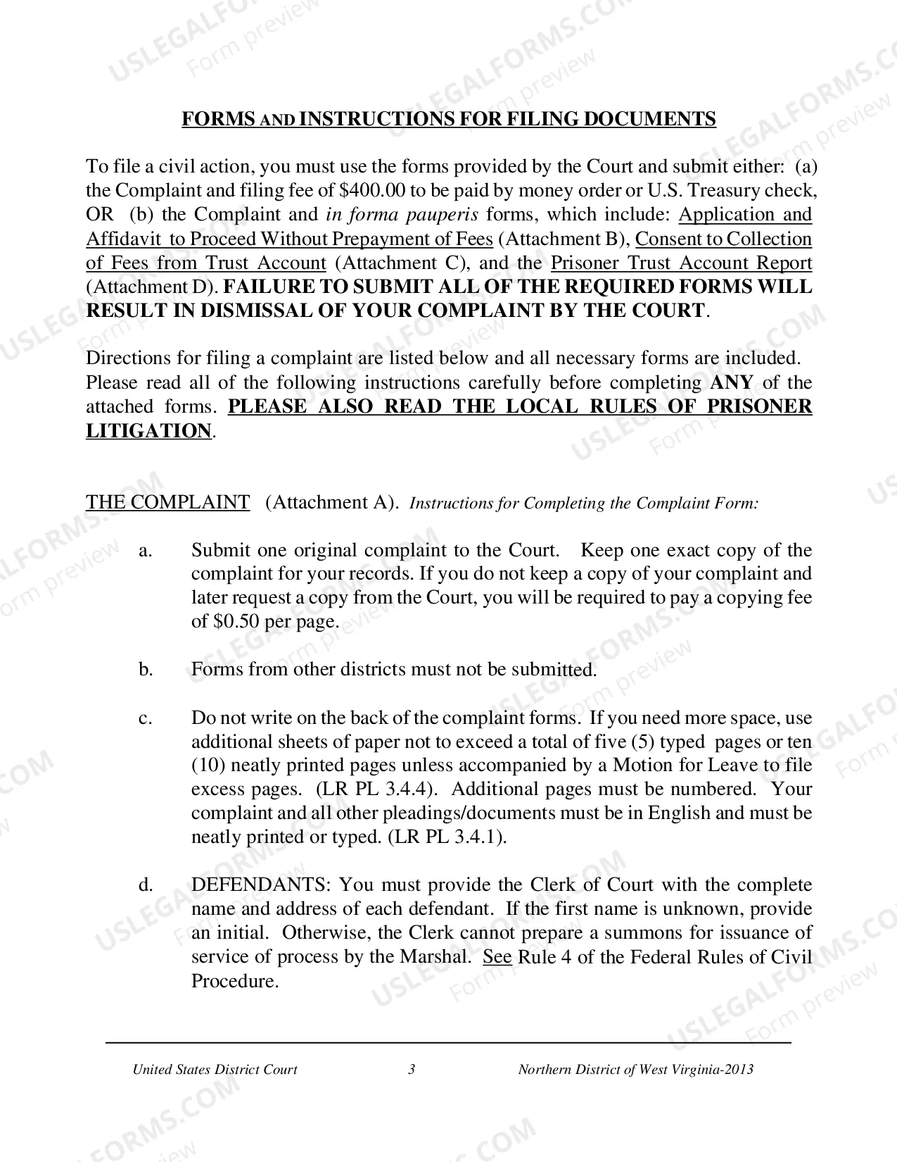 Preview Prisoner Complaint Package-Instructions and Forms for Filing a Civil Rights Complaint under 42 U.S.C. ' 1983