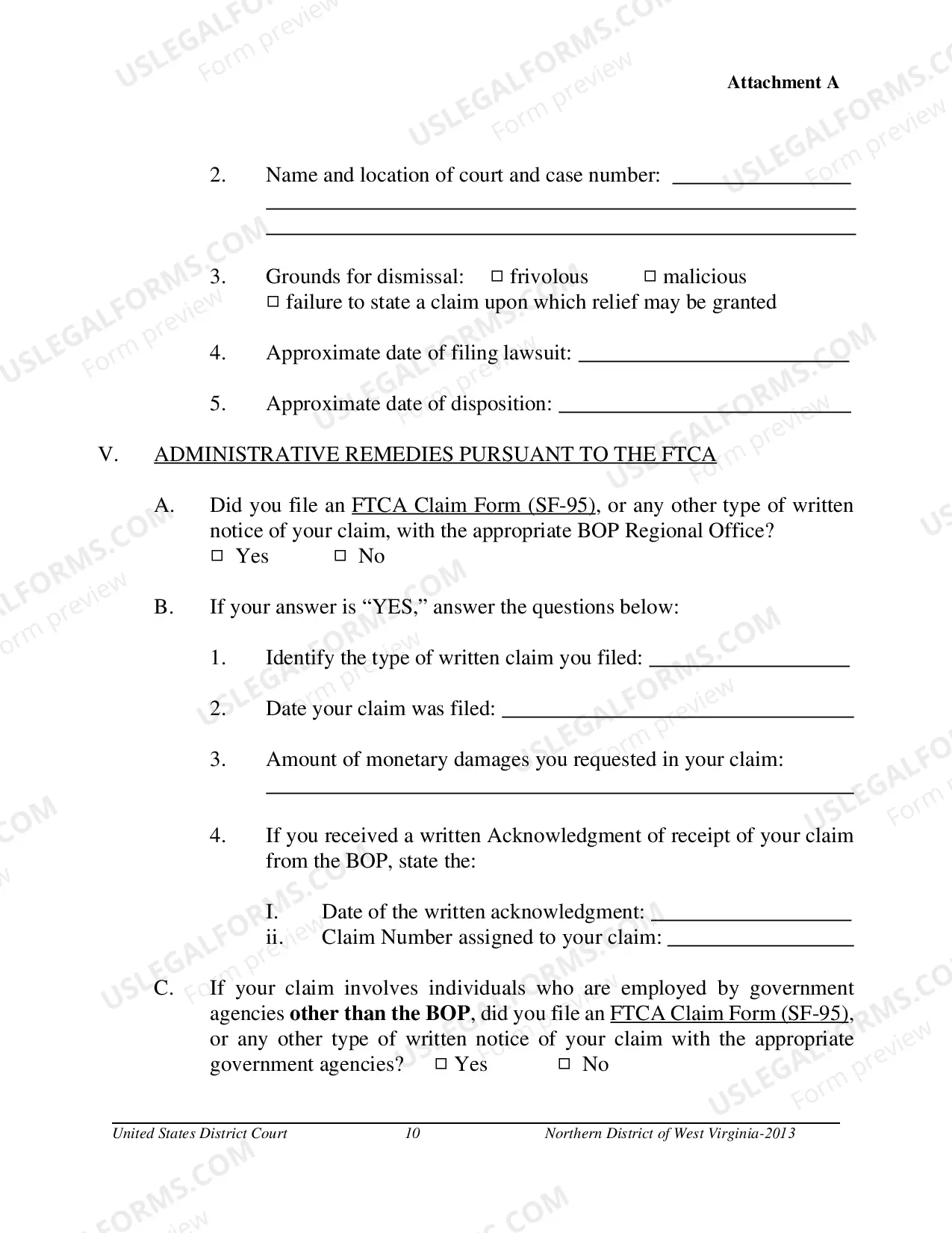 Preview Pro Se Prisoner Federal Tort Claim Act (FTCA) Forms Packet