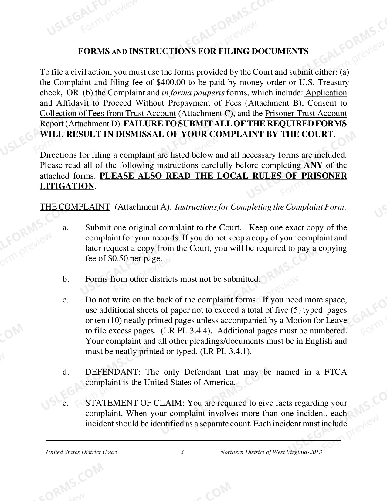 Preview Pro Se Prisoner Federal Tort Claim Act (FTCA) Forms Packet