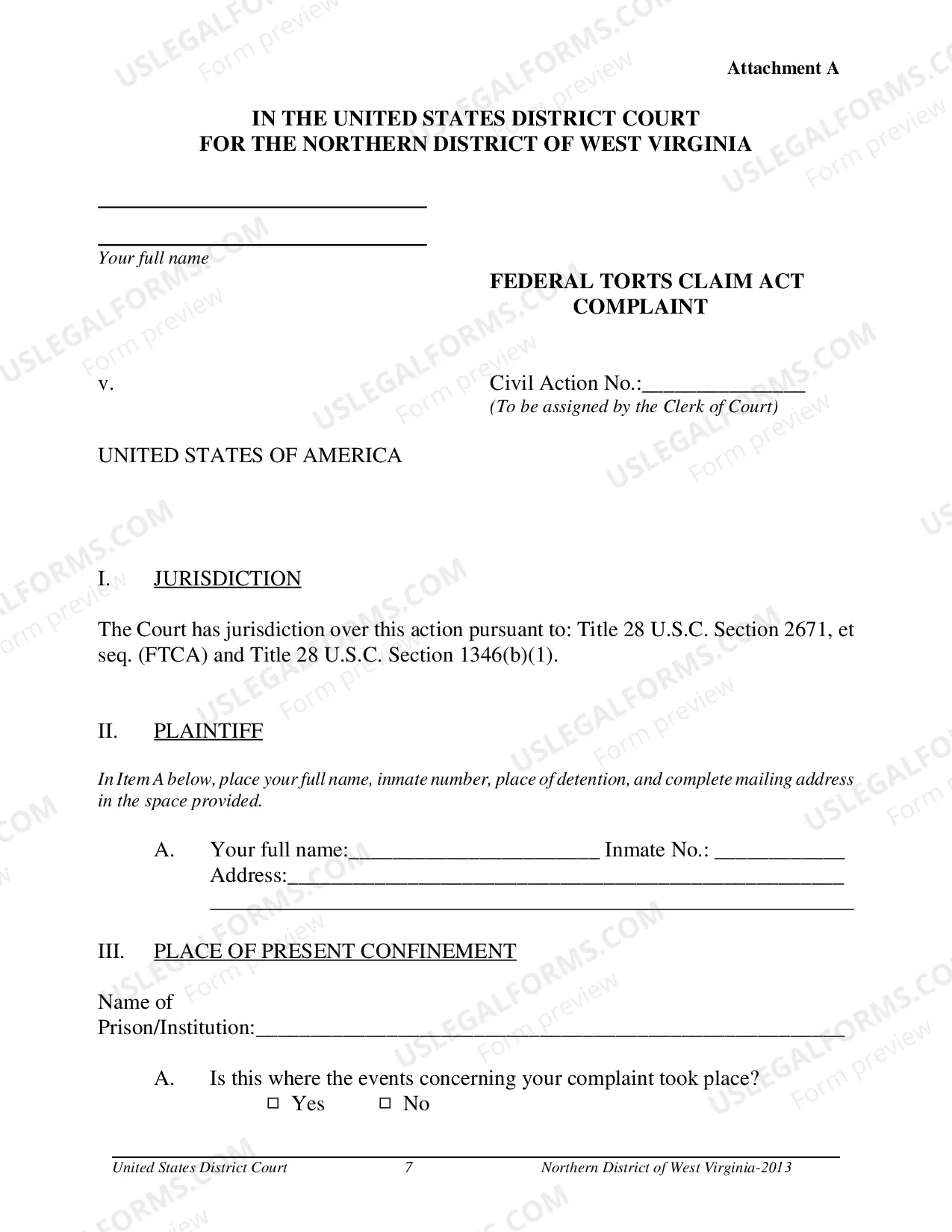 Preview Pro Se Prisoner Federal Tort Claim Act (FTCA) Forms Packet