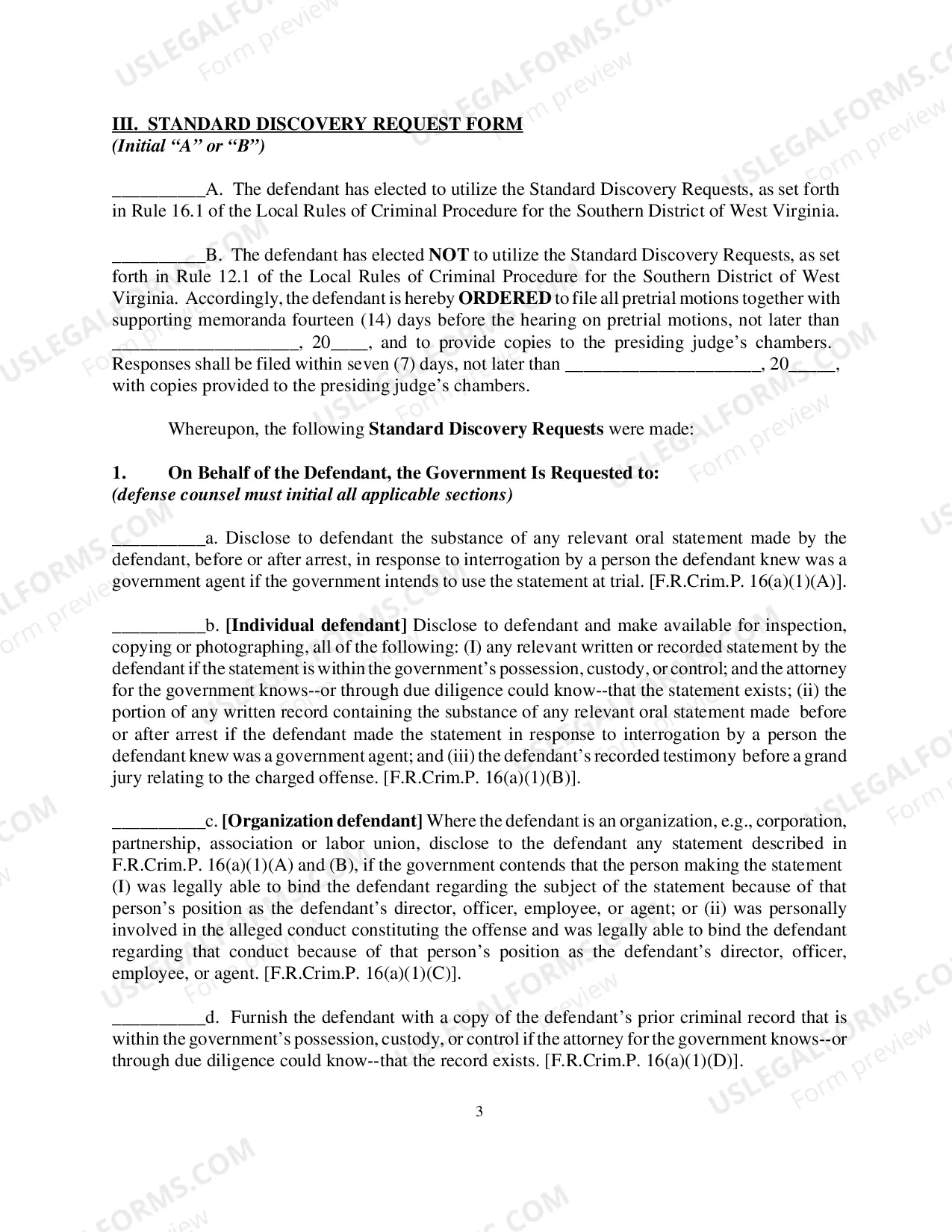 Preview Arraignment Order and Standard Discovery Requests (L R Cr P 16.1)