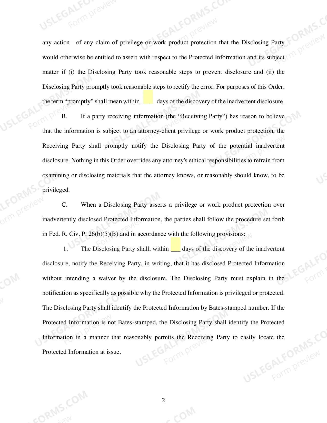 Preview Order Governing the Inadvertent Disclosure of Documents or Other Materials under Rule 502(b) (L R Civ P 26.4 Form)