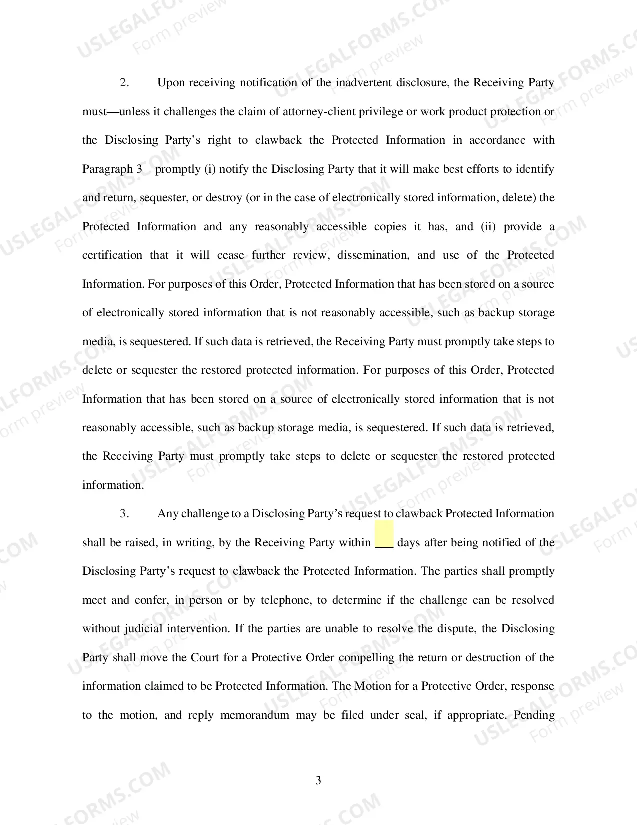 Preview Order Governing the Inadvertent Disclosure of Documents or Other Materials under Rule 502(b) (L R Civ P 26.4 Form)
