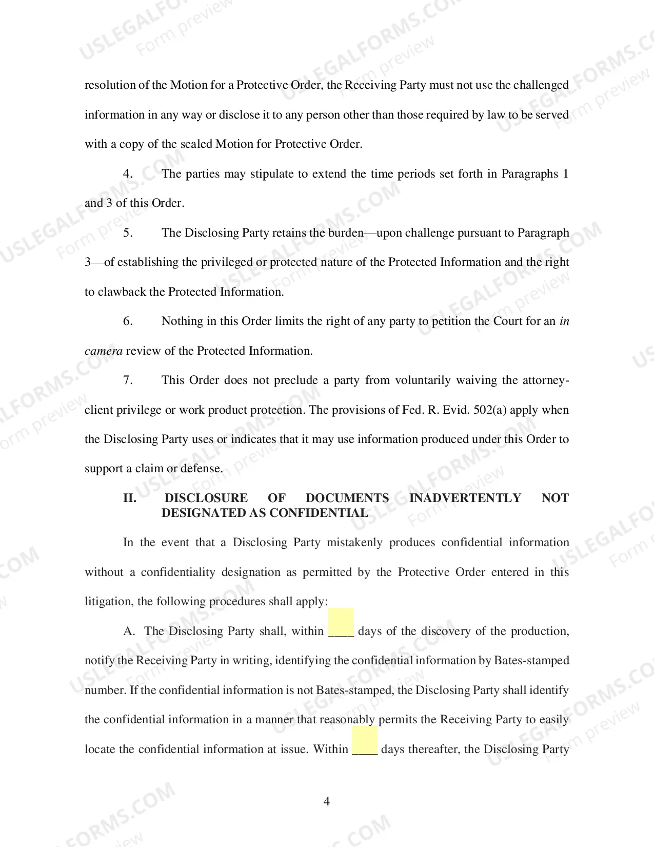 Preview Order Governing the Inadvertent Disclosure of Documents or Other Materials under Rule 502(b) (L R Civ P 26.4 Form)
