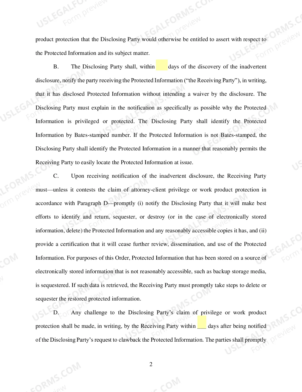 Preview Order Governing the Inadvertent Disclosure of Documents or Other Materials under Rule 502(d) (L R Civ P 26.4 Form)