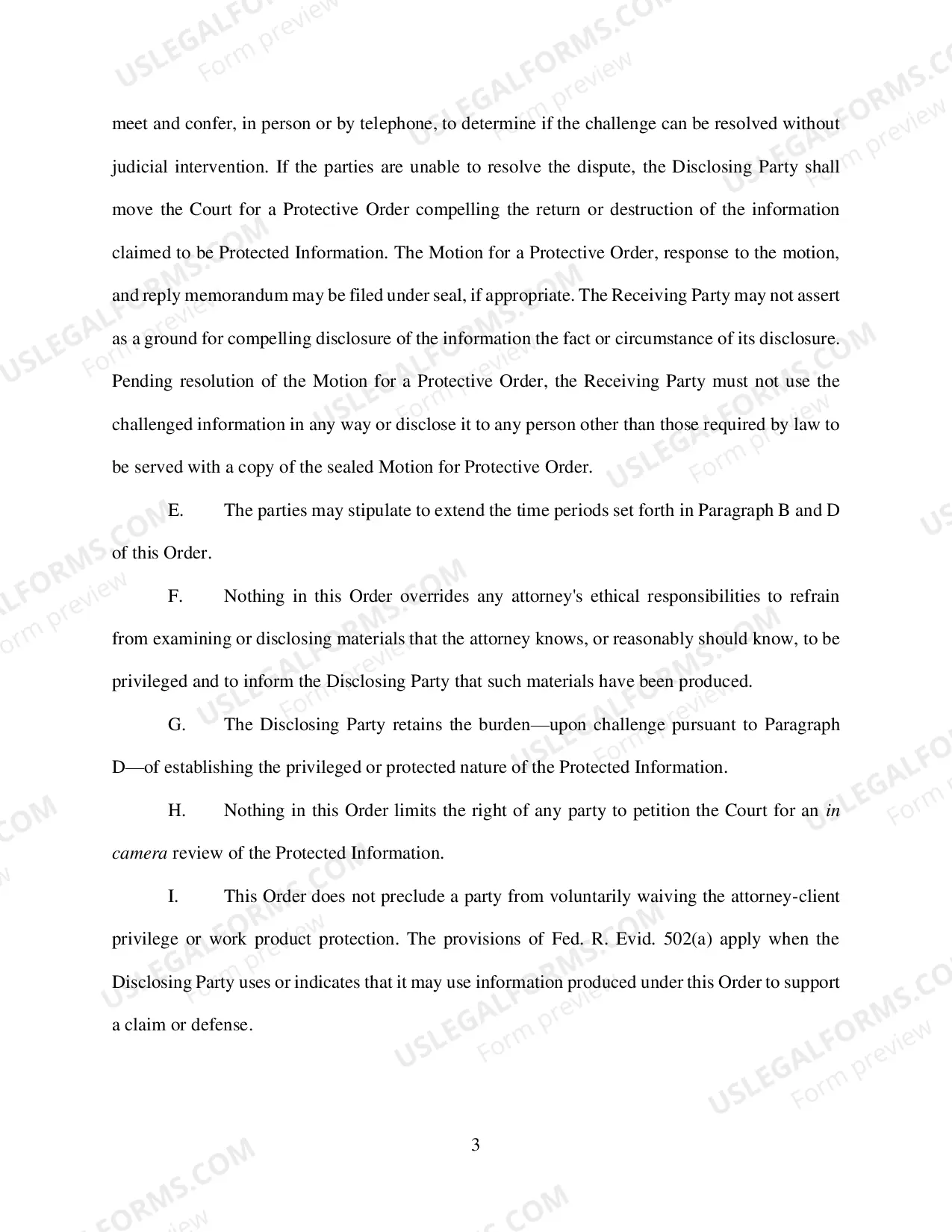 Preview Order Governing the Inadvertent Disclosure of Documents or Other Materials under Rule 502(d) (L R Civ P 26.4 Form)