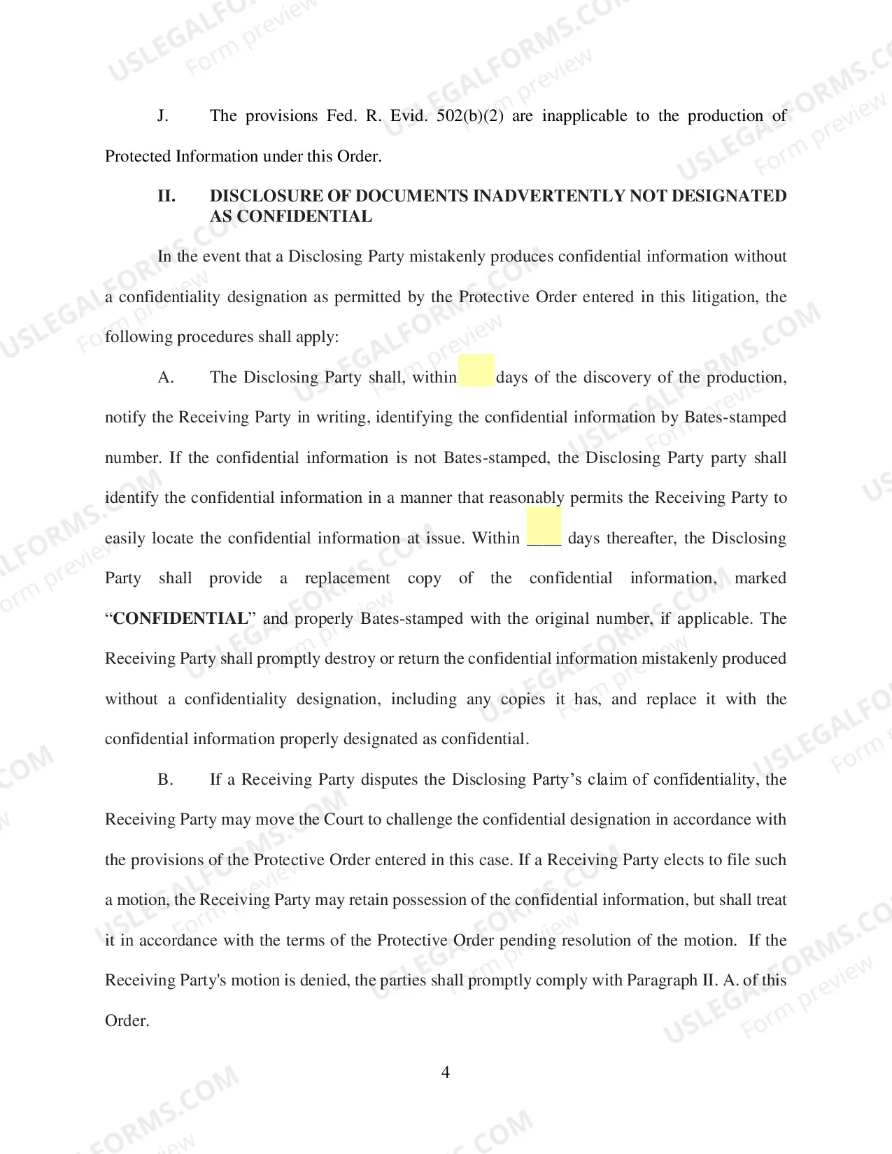 Preview Order Governing the Inadvertent Disclosure of Documents or Other Materials under Rule 502(d) (L R Civ P 26.4 Form)
