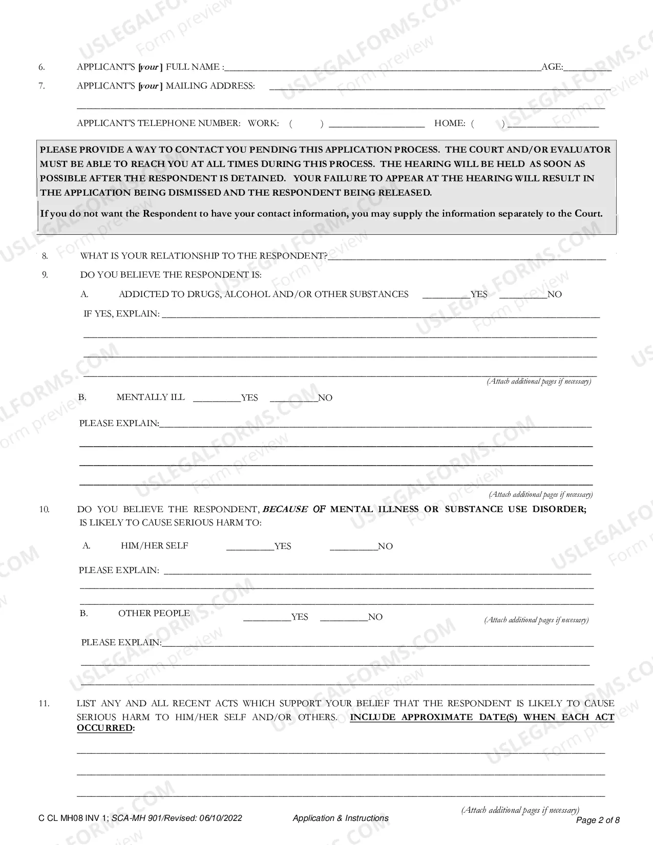 Preview Application for Involuntary Custody for Mental Health Examination with Important Information to Applicants