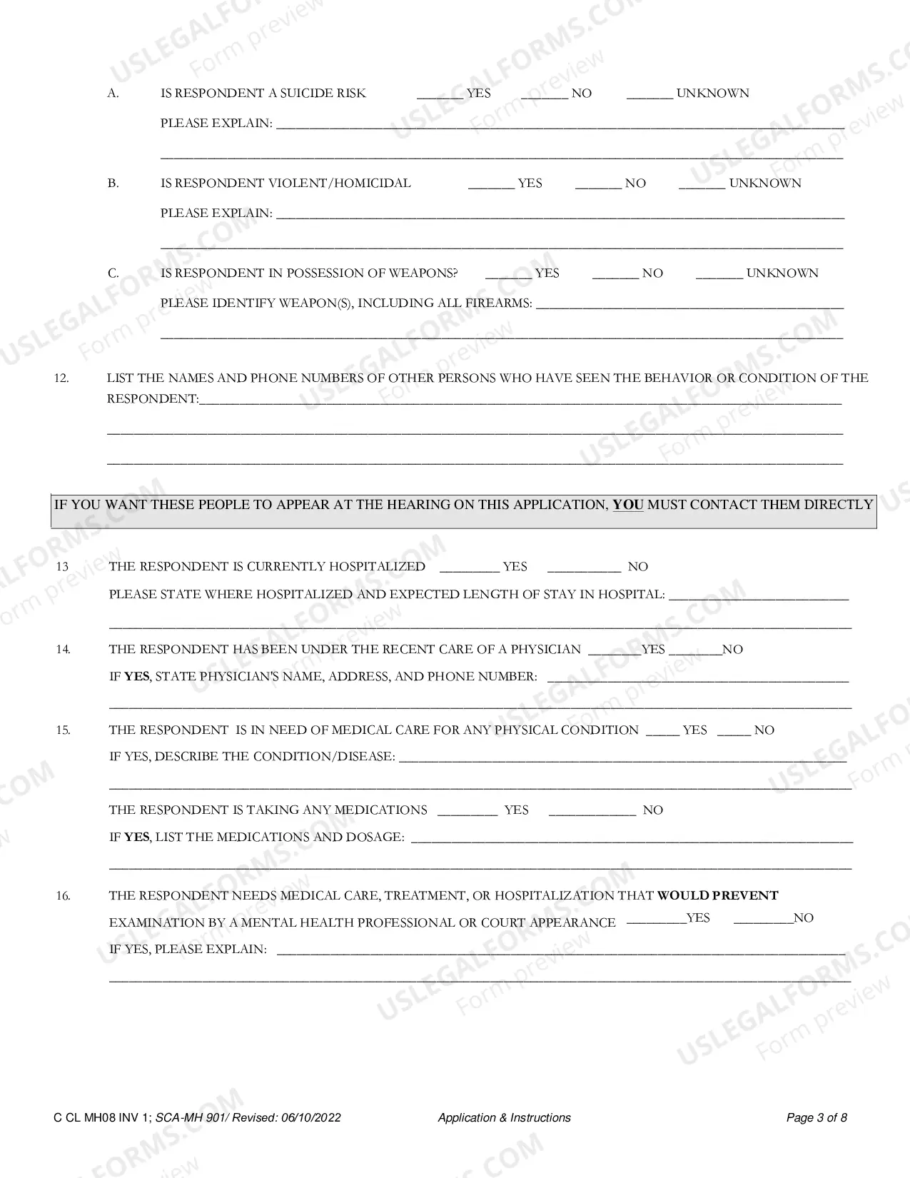 Preview Application for Involuntary Custody for Mental Health Examination with Important Information to Applicants