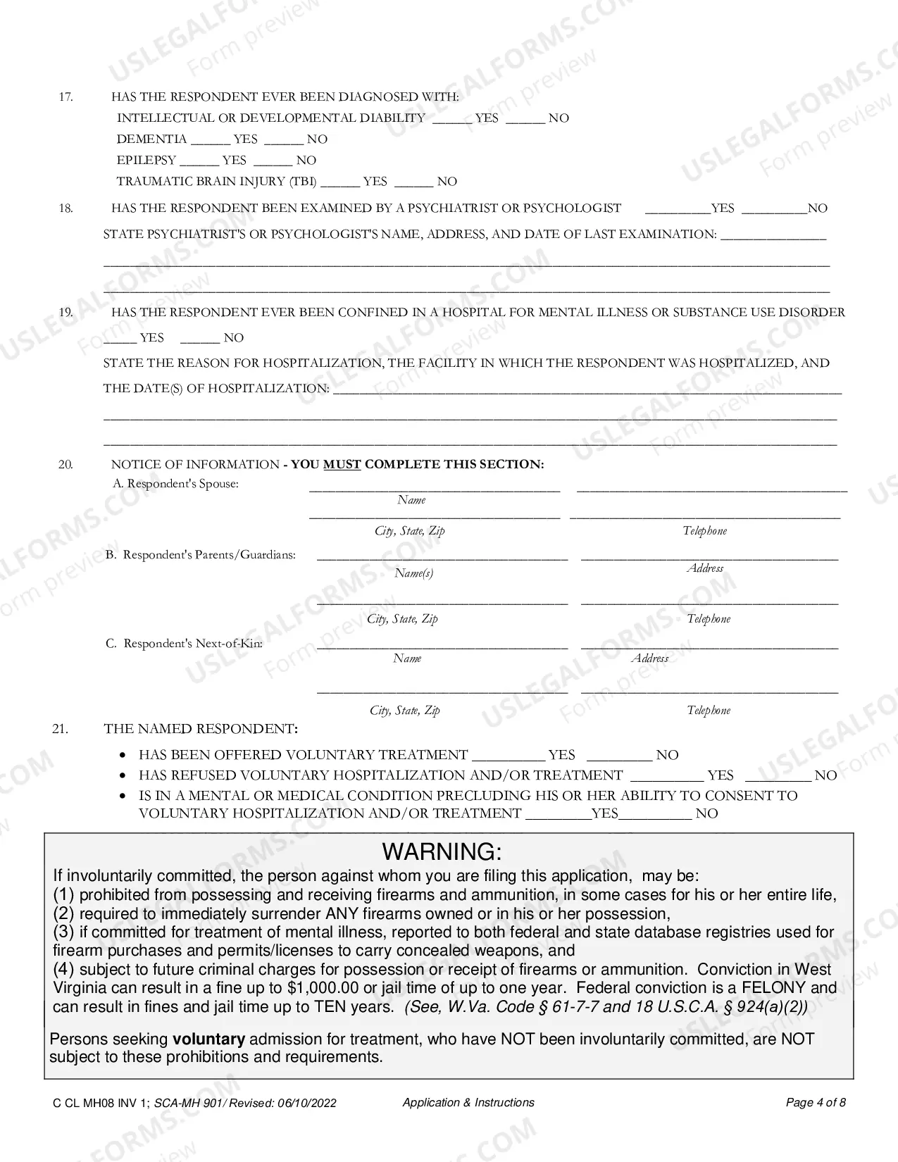 Preview Application for Involuntary Custody for Mental Health Examination with Important Information to Applicants