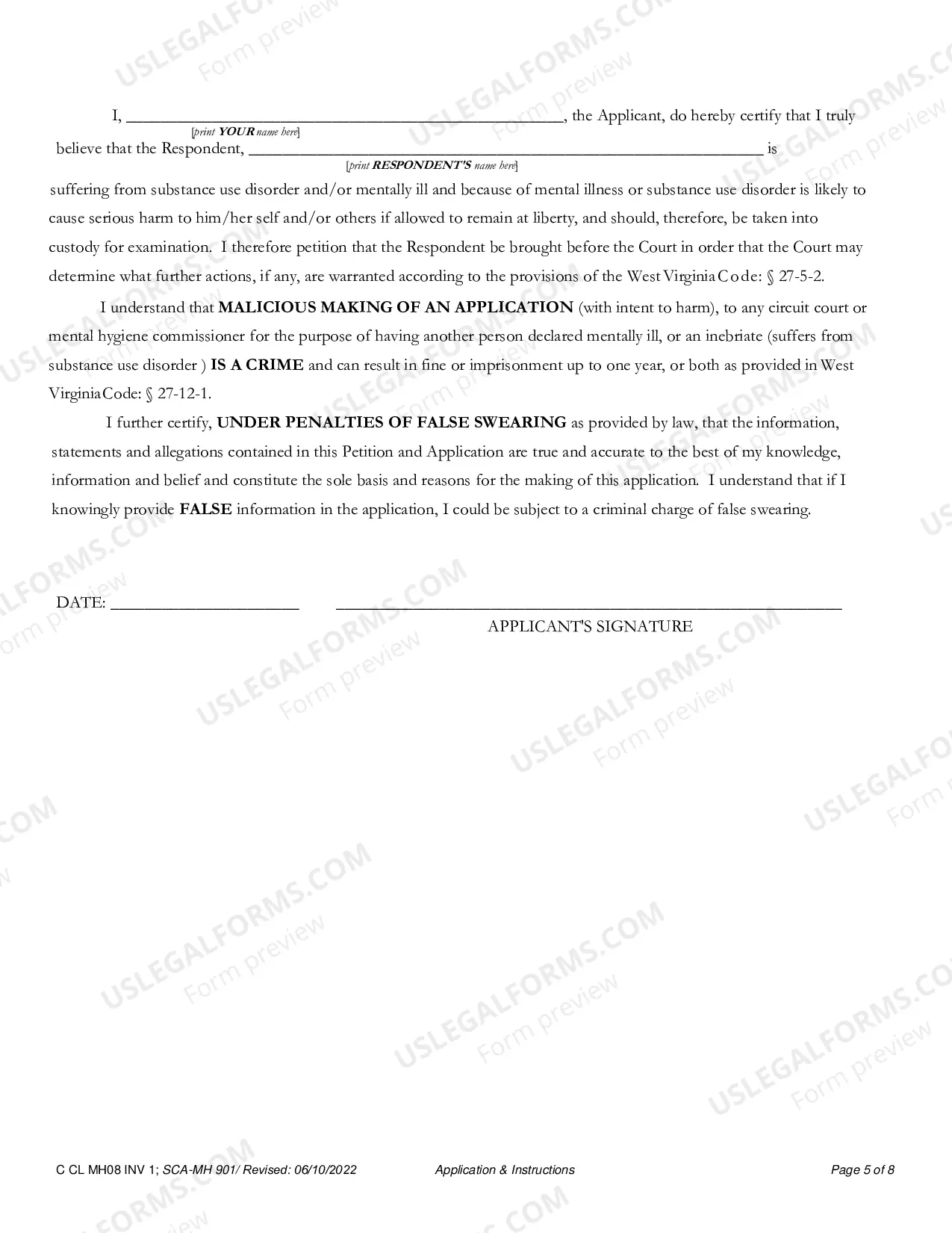 Preview Application for Involuntary Custody for Mental Health Examination with Important Information to Applicants