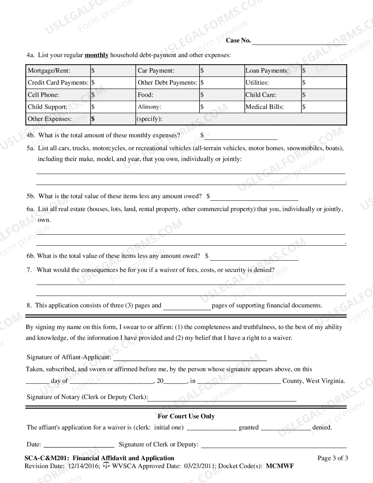 Preview Financial Affidavit and Application: Eligibility for Waiver of Fees, Costs, or Security in a Civil or Domestic Case, etc.