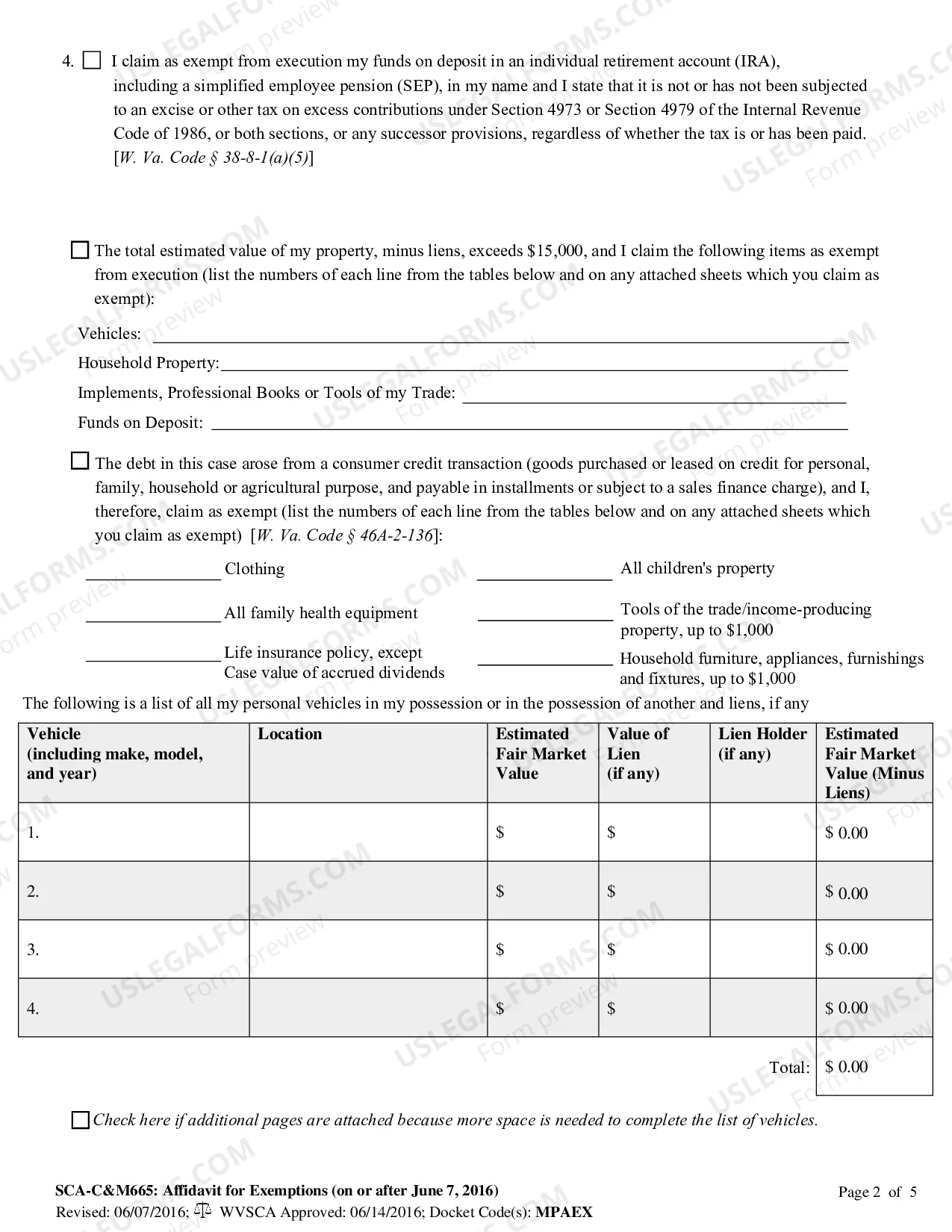 Preview Affidavit for Exemptions - (for writs of execution and suggestions)