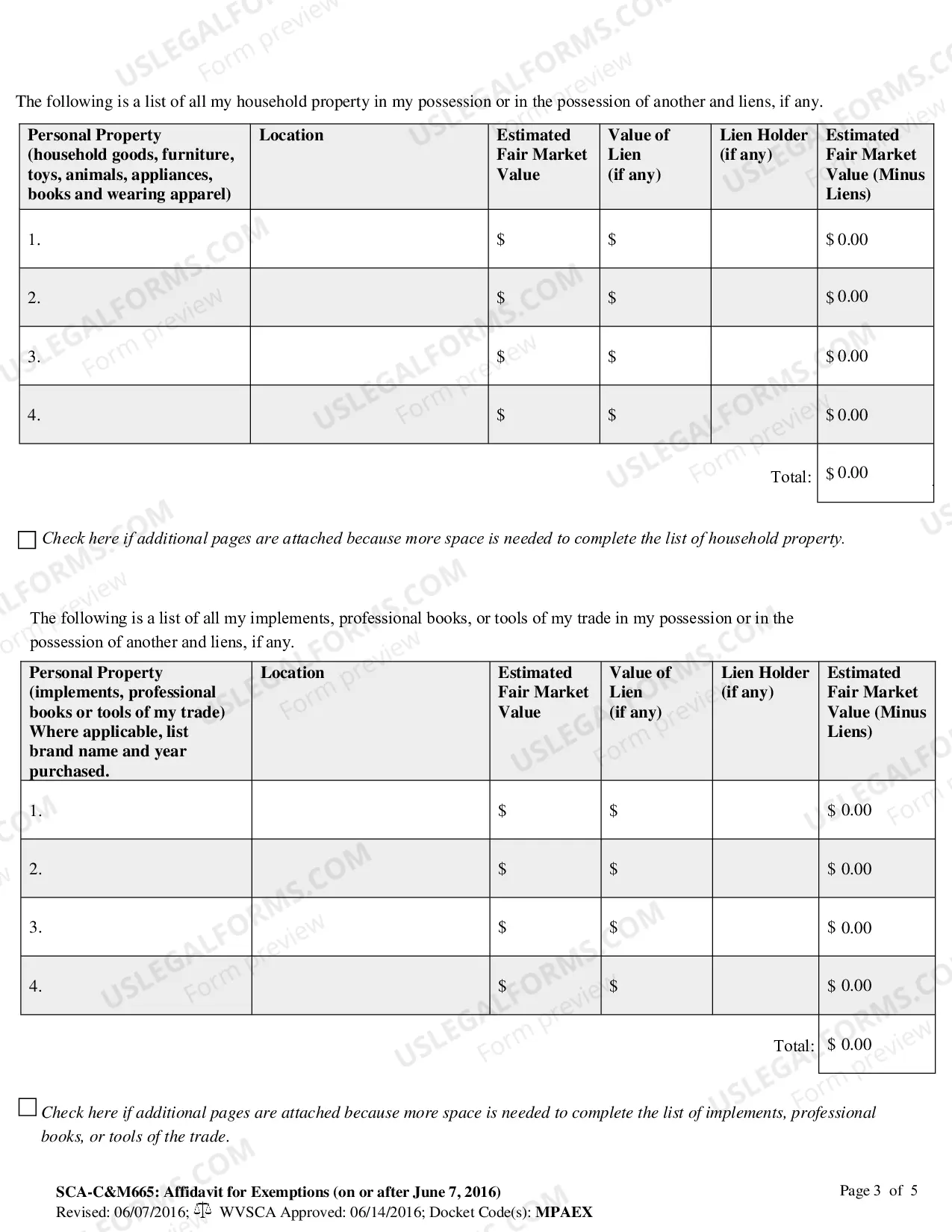 Preview Affidavit for Exemptions - (for writs of execution and suggestions)