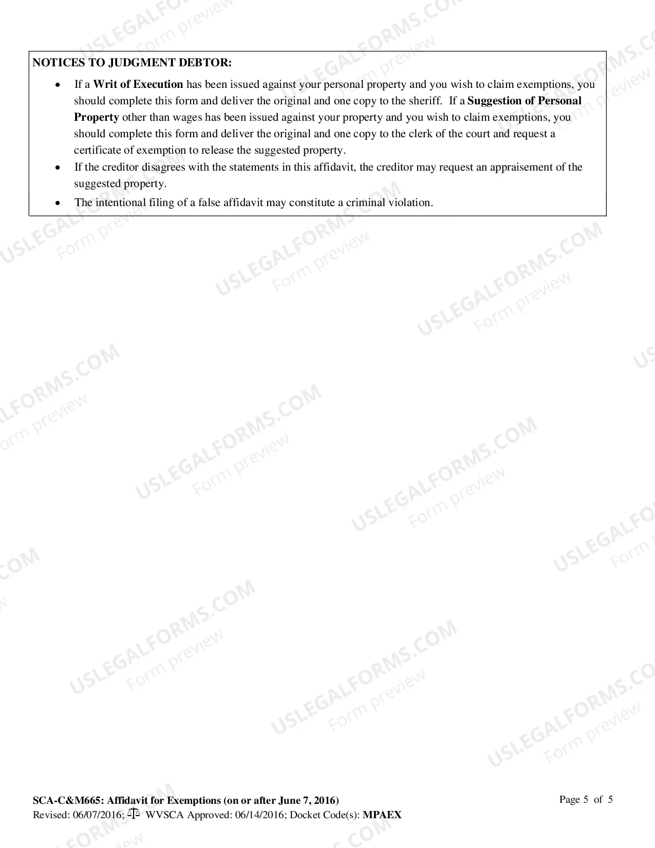Preview Affidavit for Exemptions - (for writs of execution and suggestions)