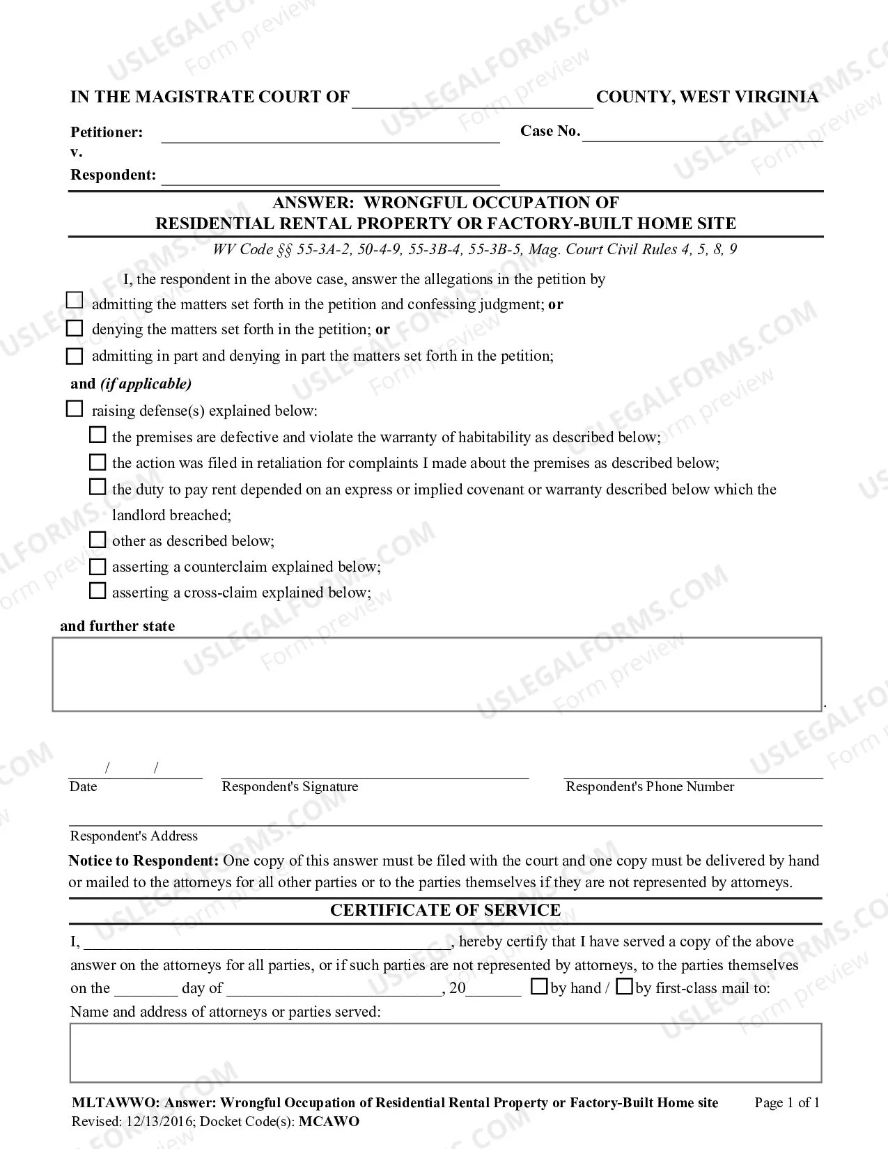 Preview Answer [Wrongful Occupation] Residential Rental Property or Factory Built Home Site