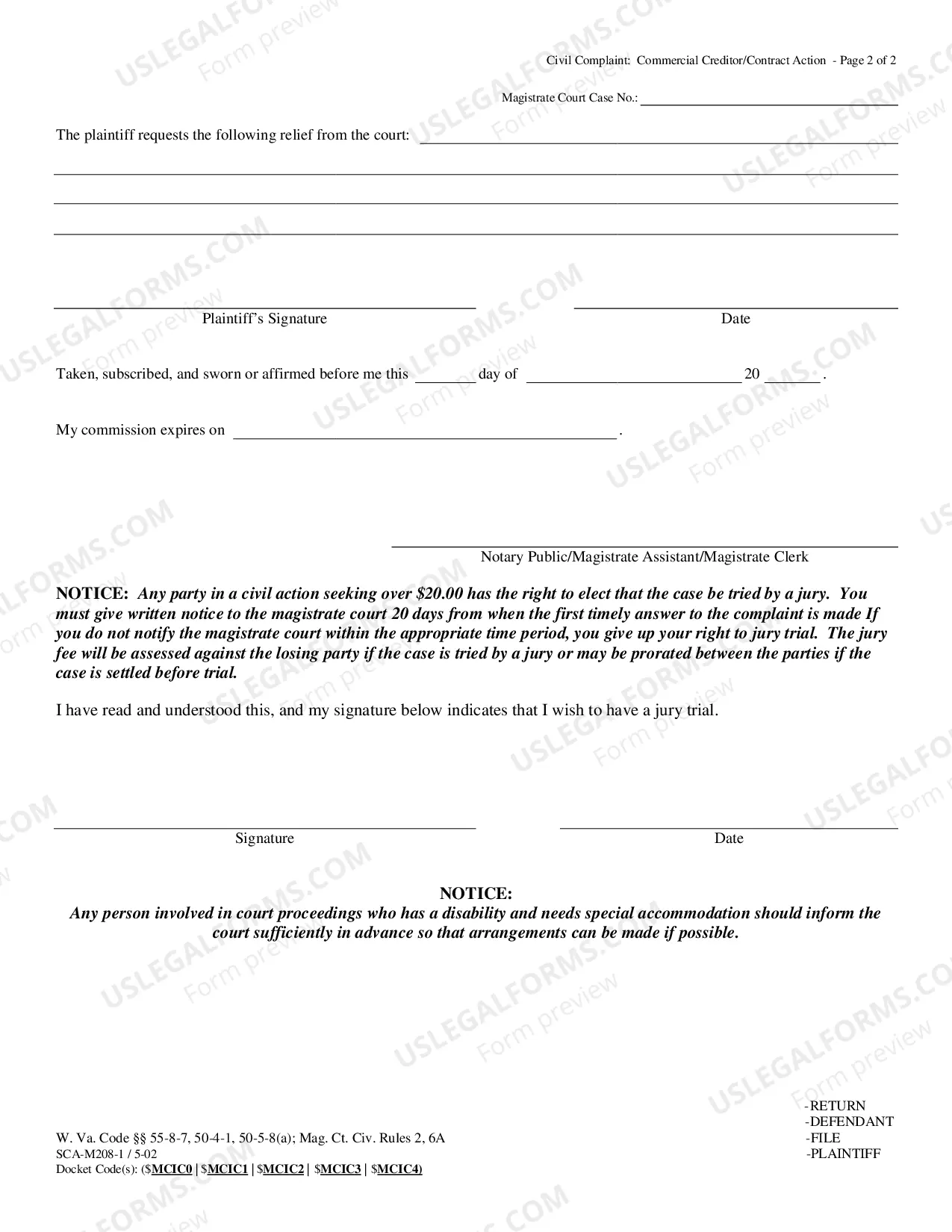 Preview Civil Complaint - Commercial Creditor/Contract Action