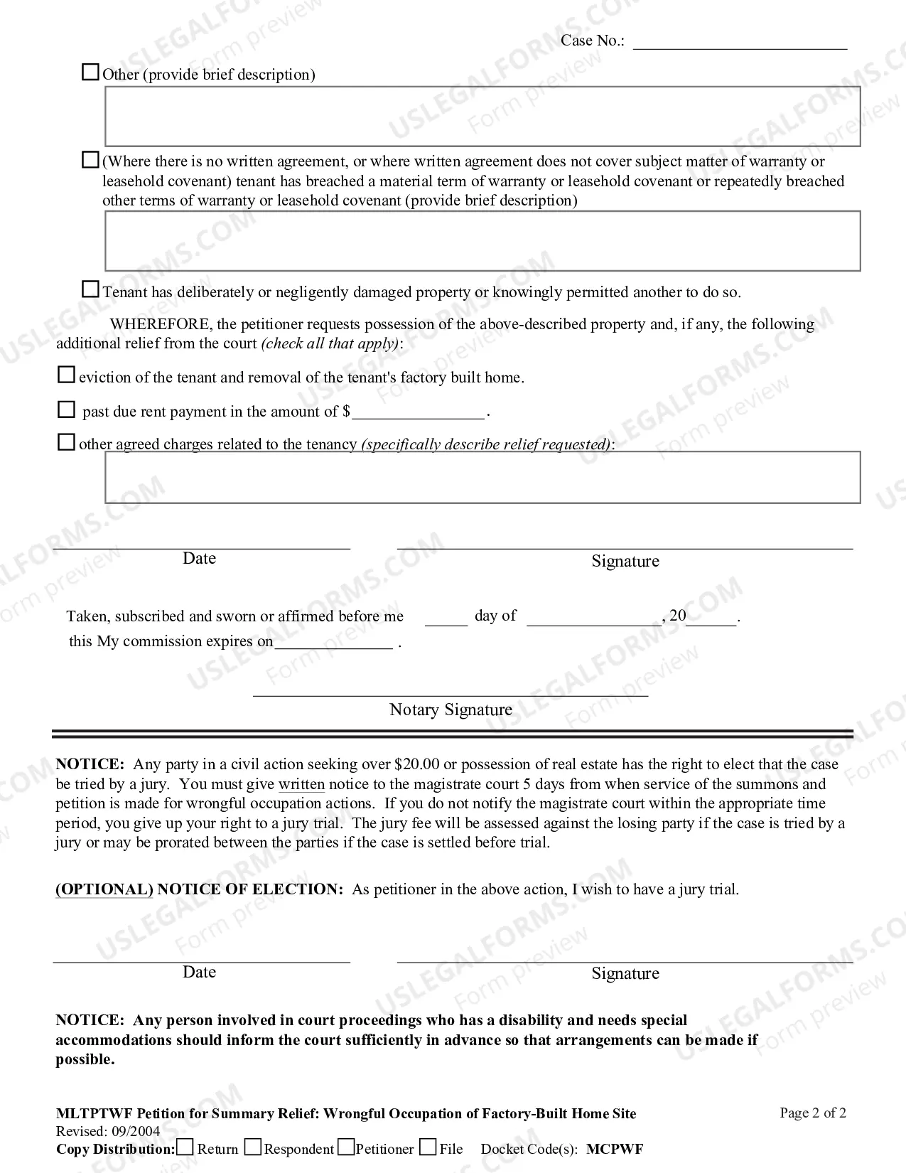 Preview Petition for Summary Relief - Wrongful Occupation of Factory Built Home Site