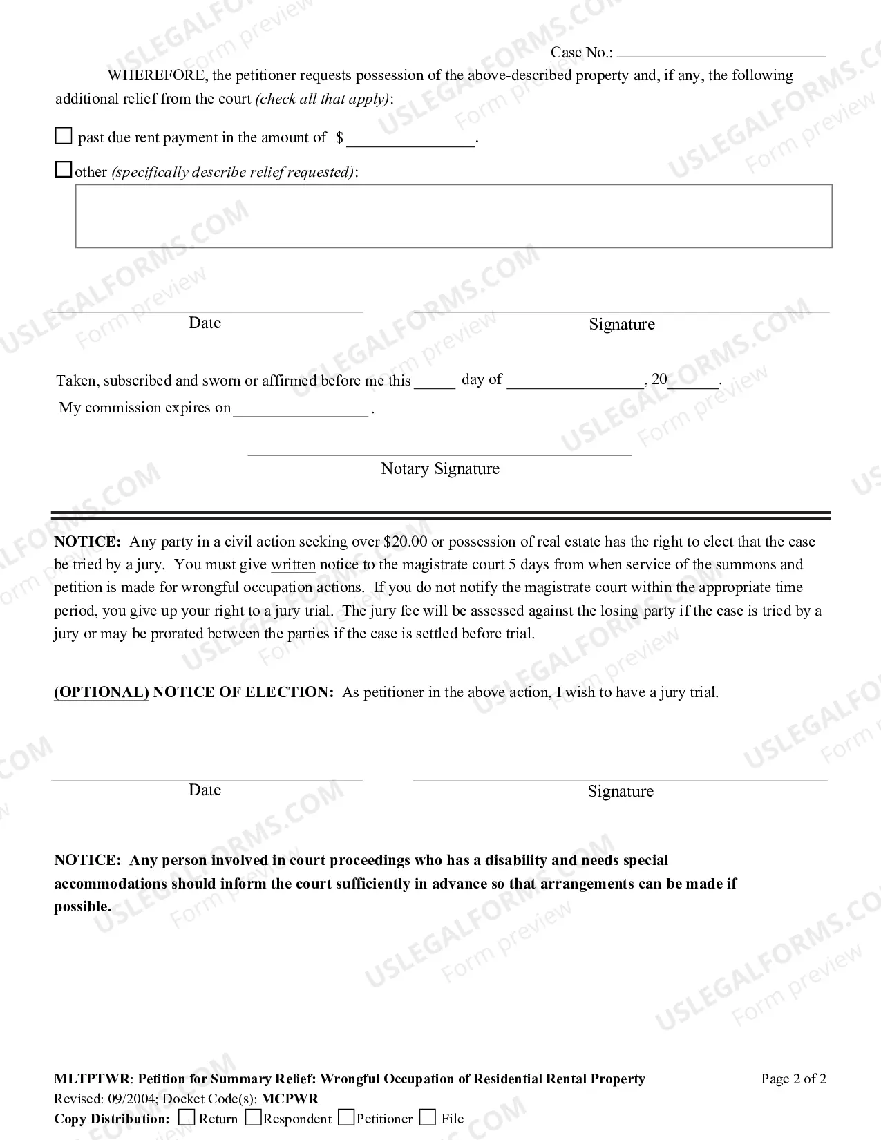 Preview Petition for Summary Relief - Wrongful Occupation of Residential Rental Property