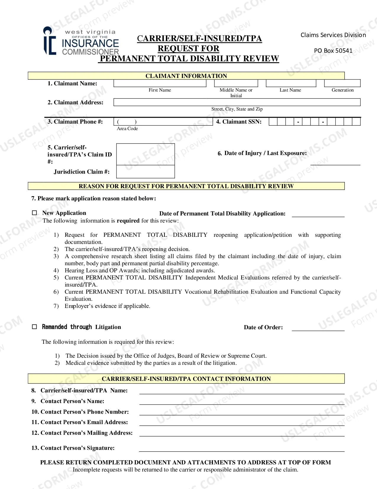Preview Carrier/Self-Insured/TPA Request for Permanent Total Disability Review