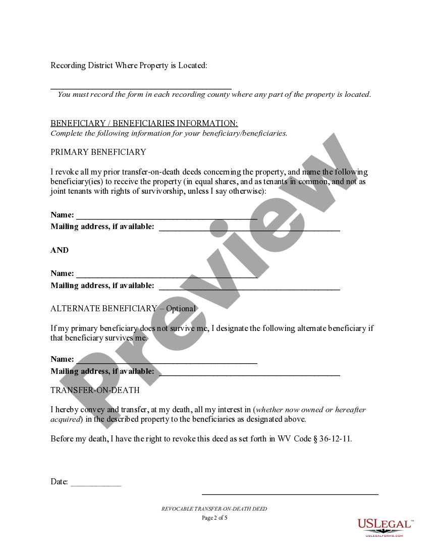 West Virginia Transfer on Death Deed or TOD Wv Transfer On Death Deed
