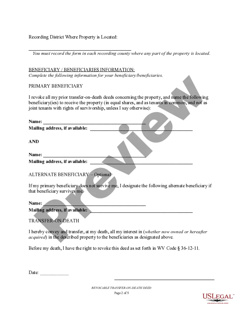 Preview Transfer on Death Deed or TOD - Beneficiary Deed for Individual to Two Individuals