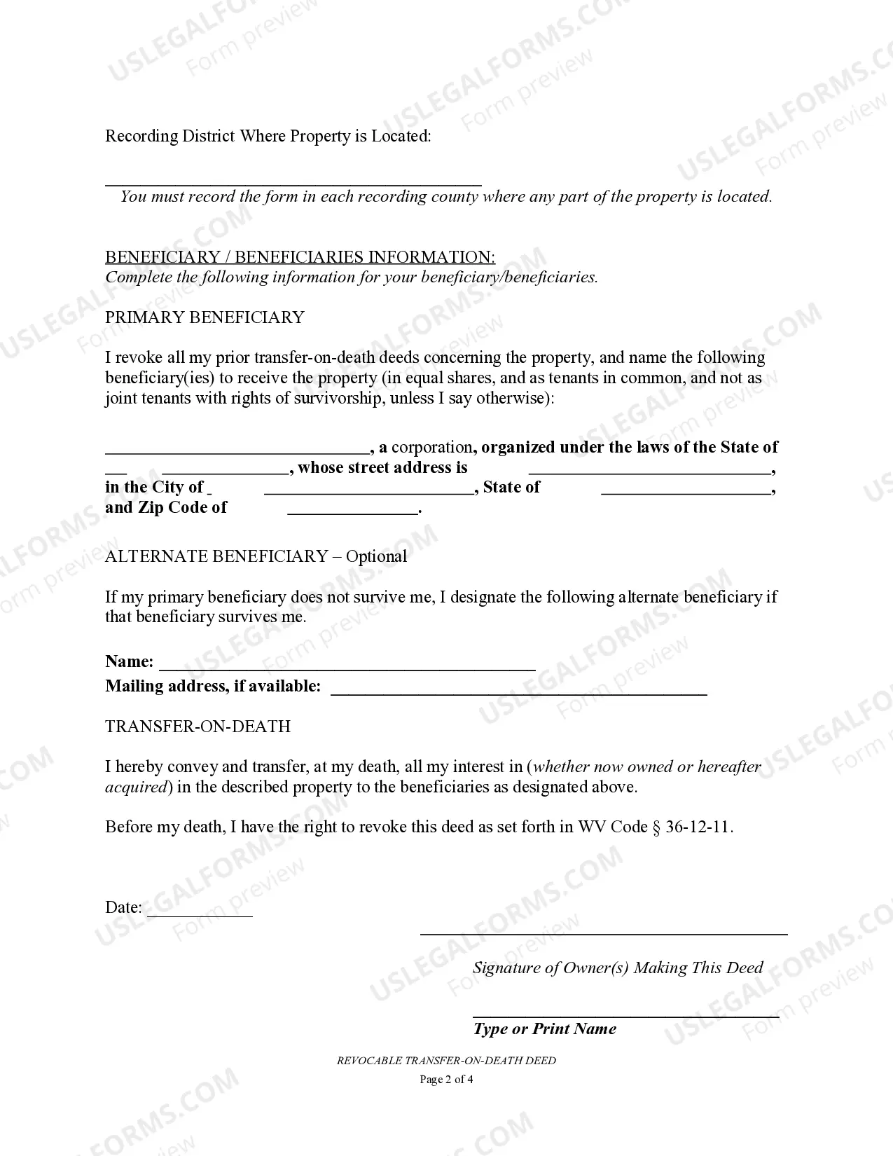 Preview Transfer on Death Deed or TOD - Beneficiary Deed for Individual to a Business Entity