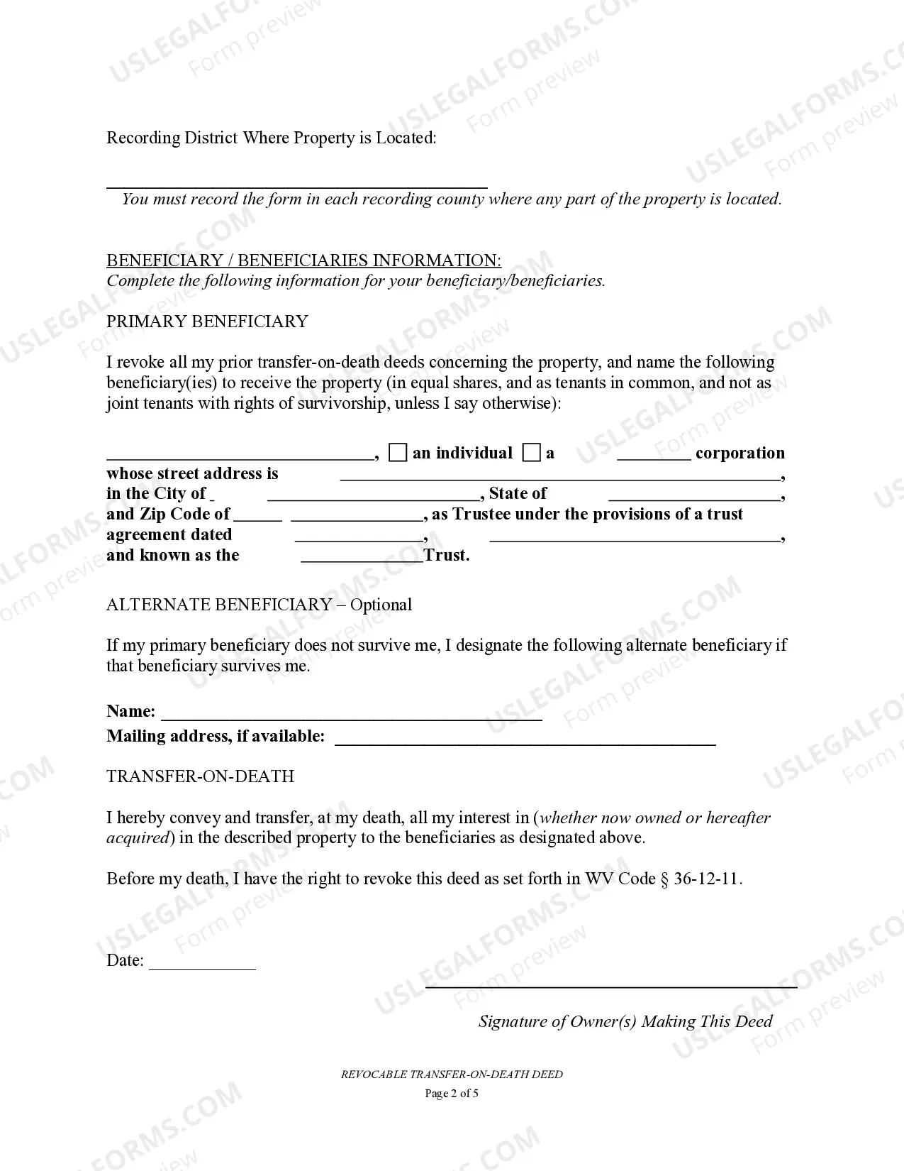 Preview Transfer on Death Deed or TOD - Beneficiary Deed for Individual to a Trust