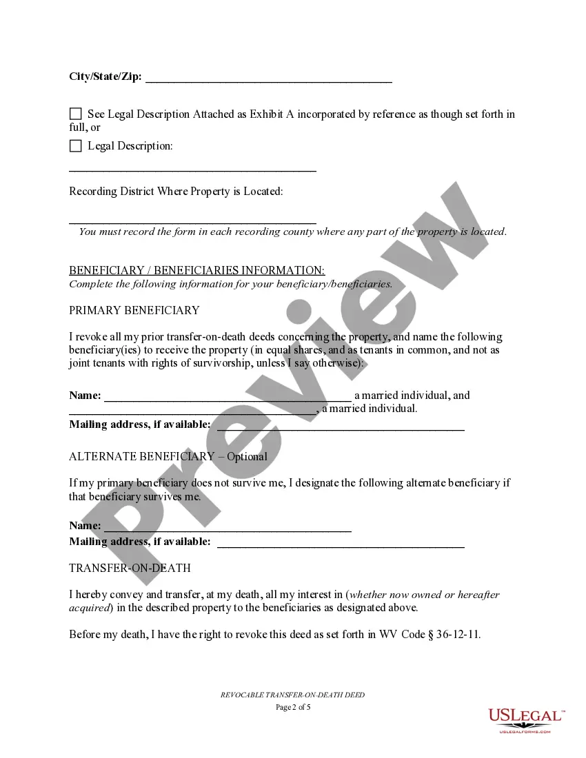 Preview Transfer on Death Deed or TOD - Beneficiary Deed for Two Individuals to Husband and Wife Beneficiaries