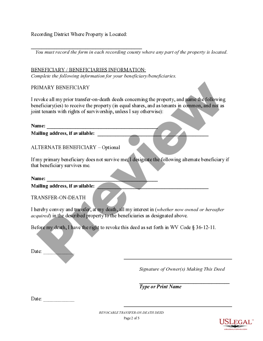 West Virginia Transfer on Death Deed or TOD Beneficiary Deed for