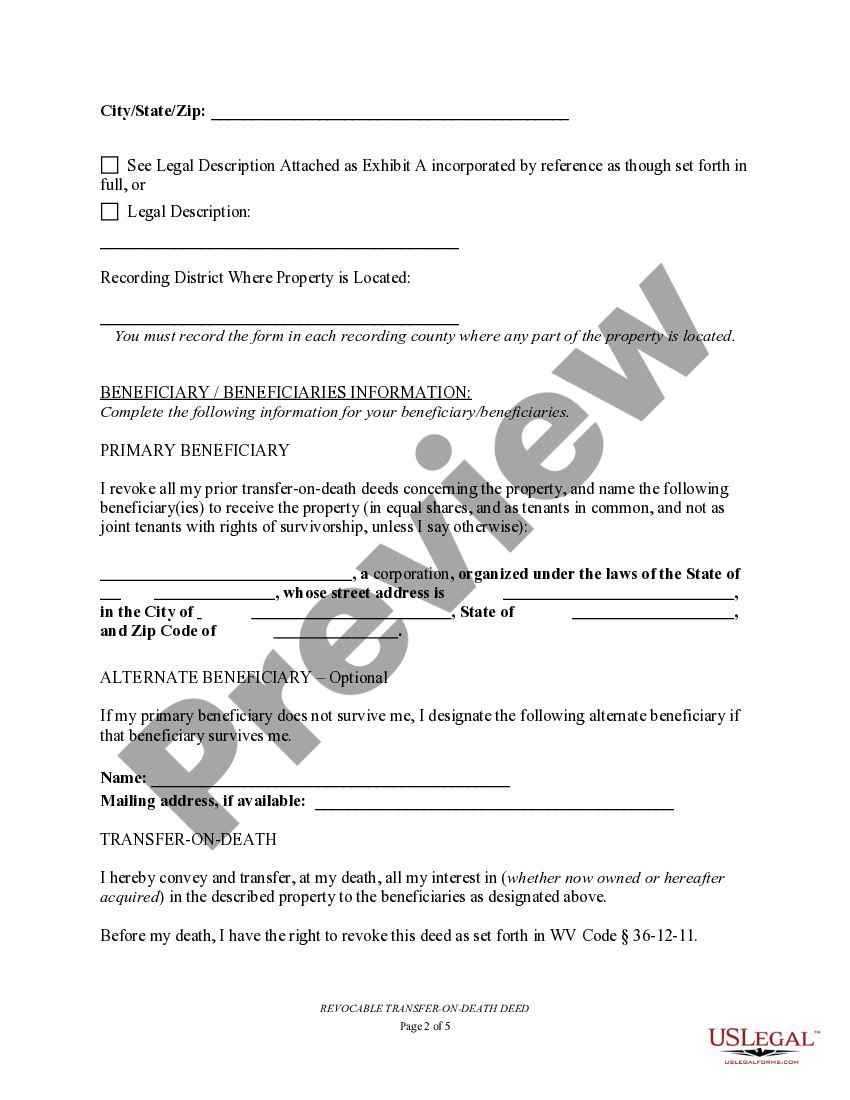 West Virginia Transfer on Death Deed or TOD Transfer Death Deed US