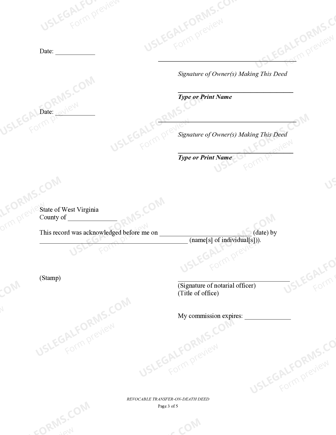 West Virginia Transfer on Death Deed or TOD Transfer Death Deed US