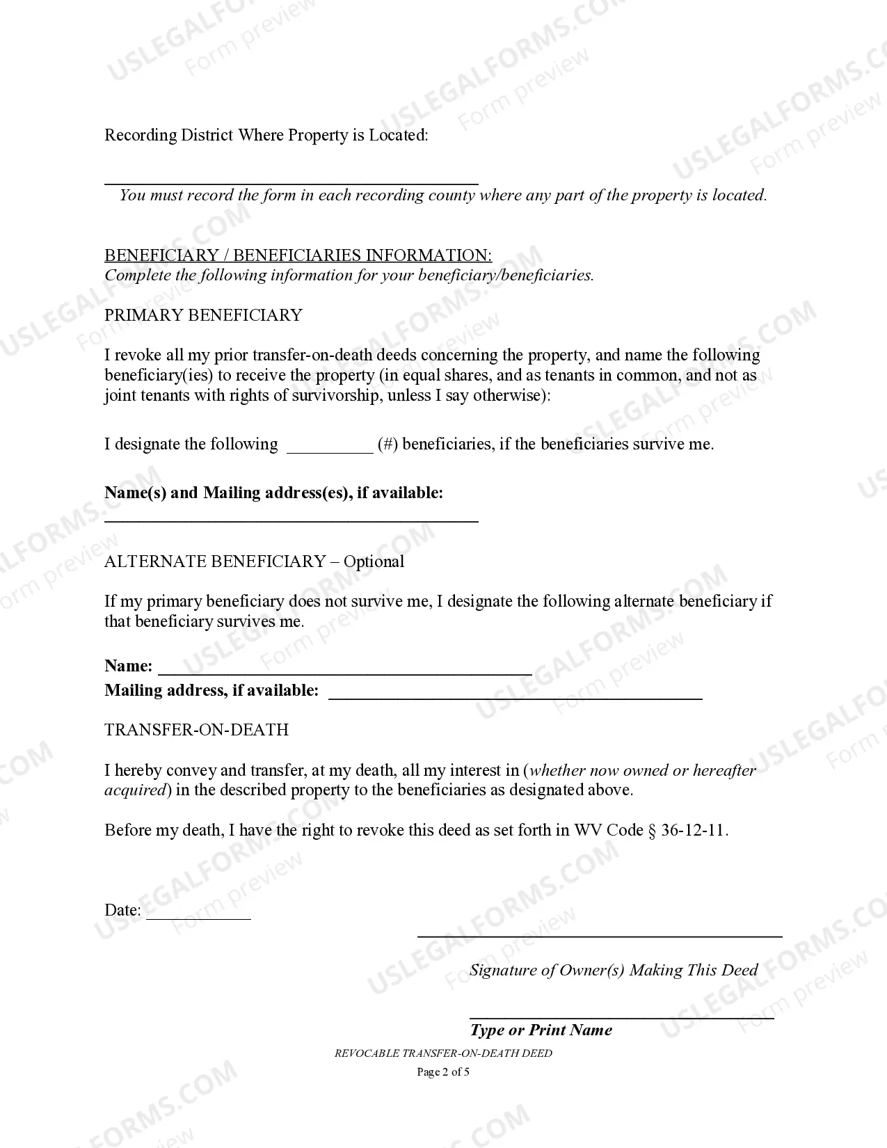 Preview Transfer on Death Deed or TOD - Beneficiary Deed for One Individual to Multiple Individuals