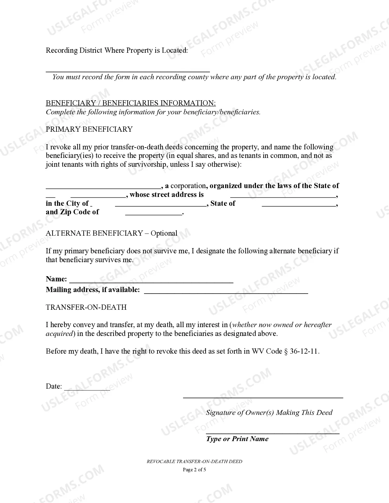 Preview Transfer on Death Deed or TOD - Beneficiary Deed for Husband and Wife to a Business Entity