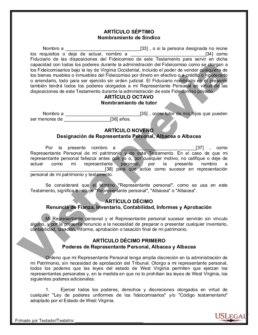 Preview Formulario Legal de Última Voluntad y Testamento para Persona Soltera con Hijos Adultos y Menores