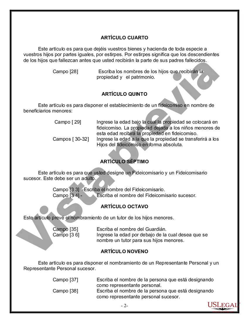 Preview Formulario Legal de Última Voluntad y Testamento para Persona Soltera con Hijos Adultos y Menores