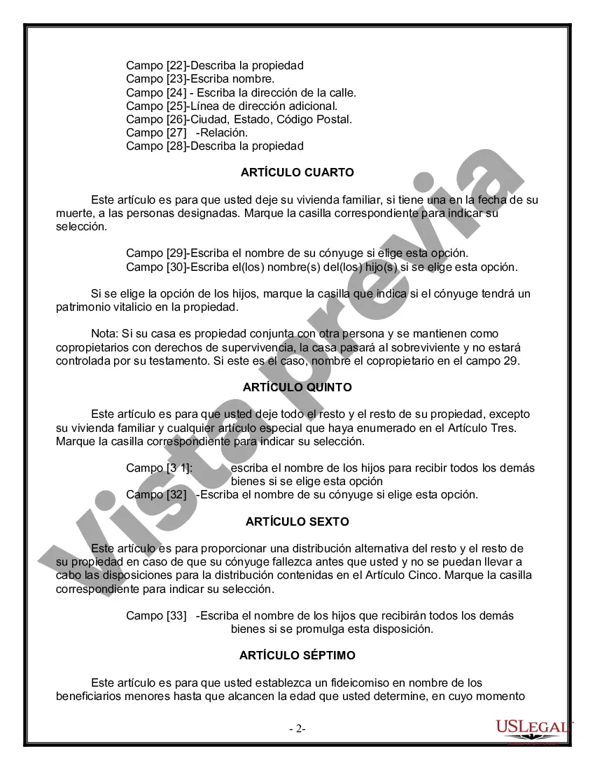 Preview Última voluntad y testamento legal para persona casada con hijos menores de edad de un matrimonio anterior