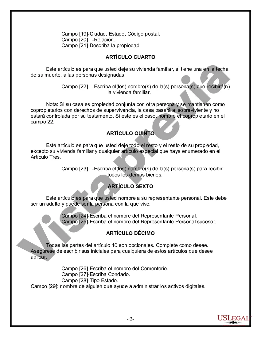 Preview Formulario de última voluntad y testamento legal para personas divorciadas que no se han vuelto a casar y no tienen hijos