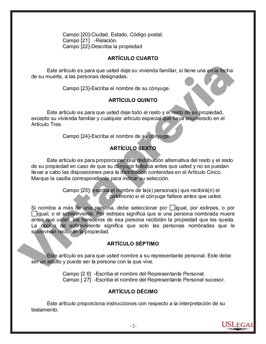 Preview Formulario de última voluntad y testamento legal para una persona casada sin hijos