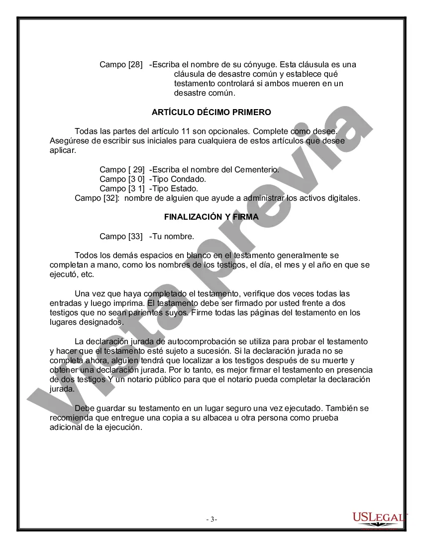 Preview Formulario de última voluntad y testamento legal para una persona casada sin hijos