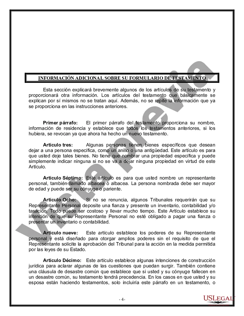 Preview Formulario de última voluntad y testamento legal para una persona casada sin hijos