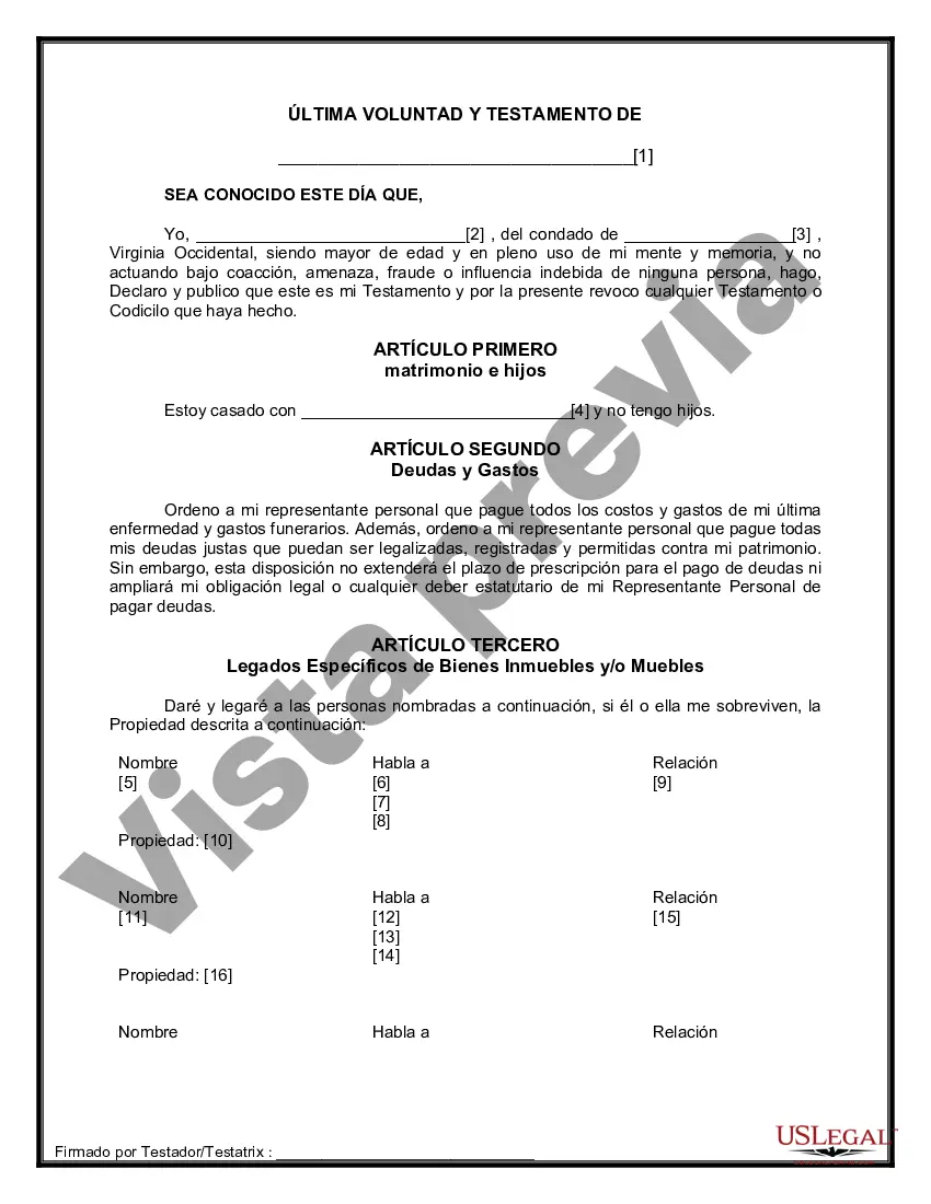 Preview Formulario de última voluntad y testamento legal para una persona casada sin hijos