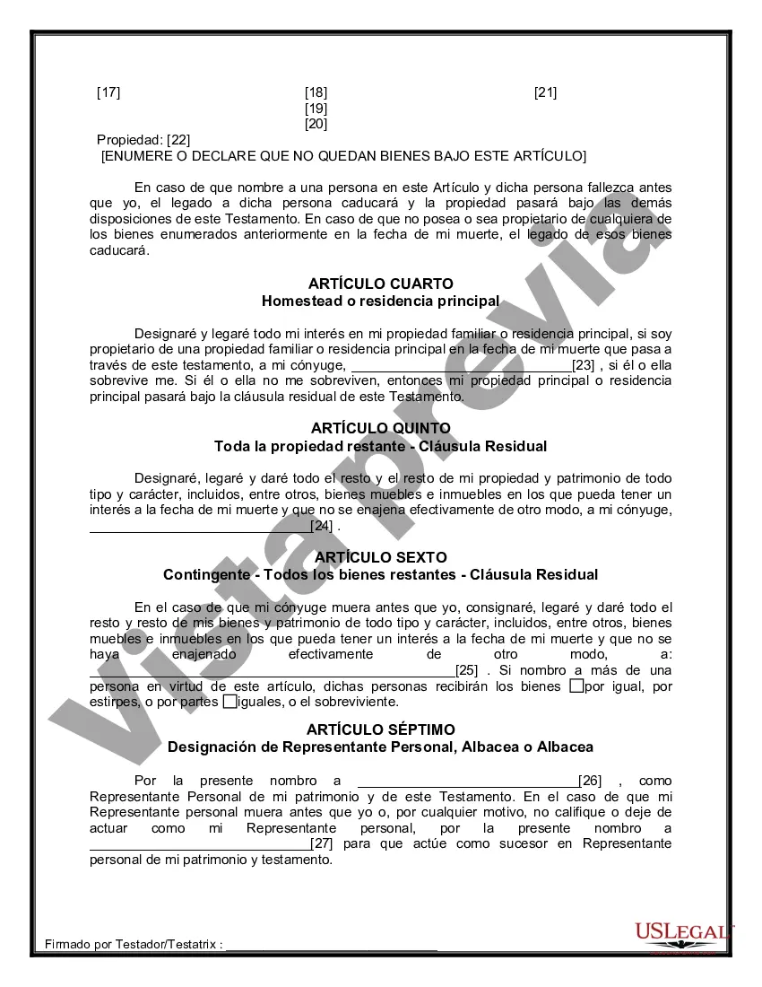 Preview Formulario de última voluntad y testamento legal para una persona casada sin hijos