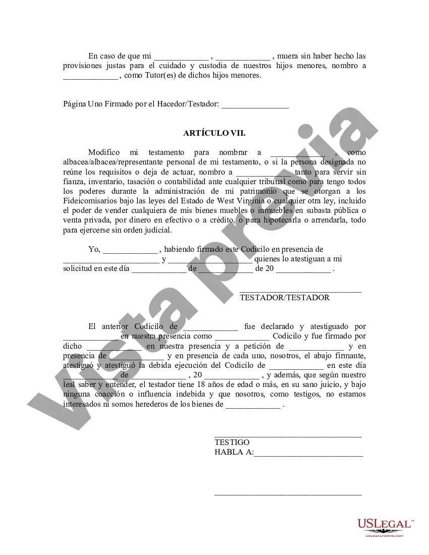 Get Codicilo al formulario de testamento para enmendar su testamento - Cambios o enmiendas de testamento Preview Codicilo al formulario de testamento para enmendar su testamento - Cambios o enmiendas de testamento