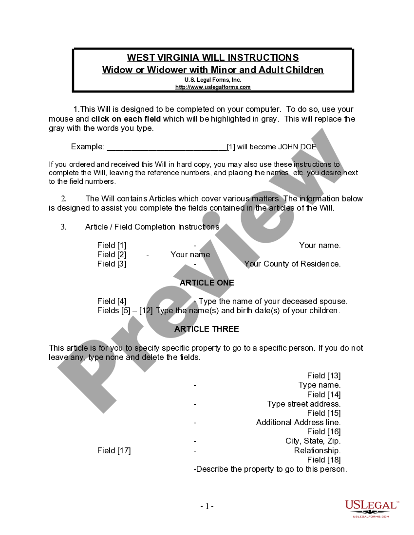 West Virginia Legal Last Will and Testament Form for a Widow or Widower with Adult and Minor