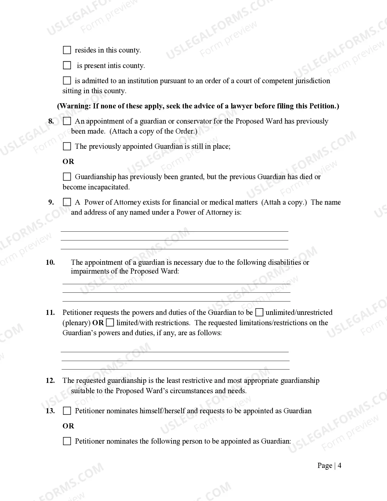 Preview Petition For Appointment of Guardian For An Adult