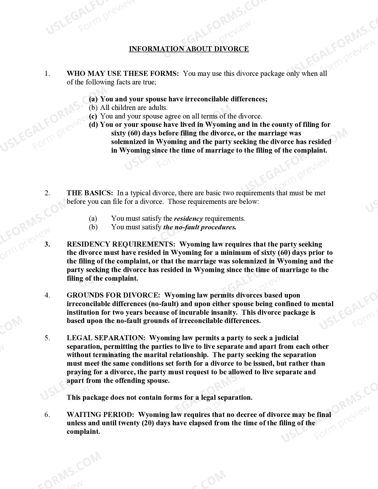 Preview Wyoming No-Fault Uncontested Agreed Divorce Package for Dissolution of Marriage with Adult Children and with or without Property and Debts