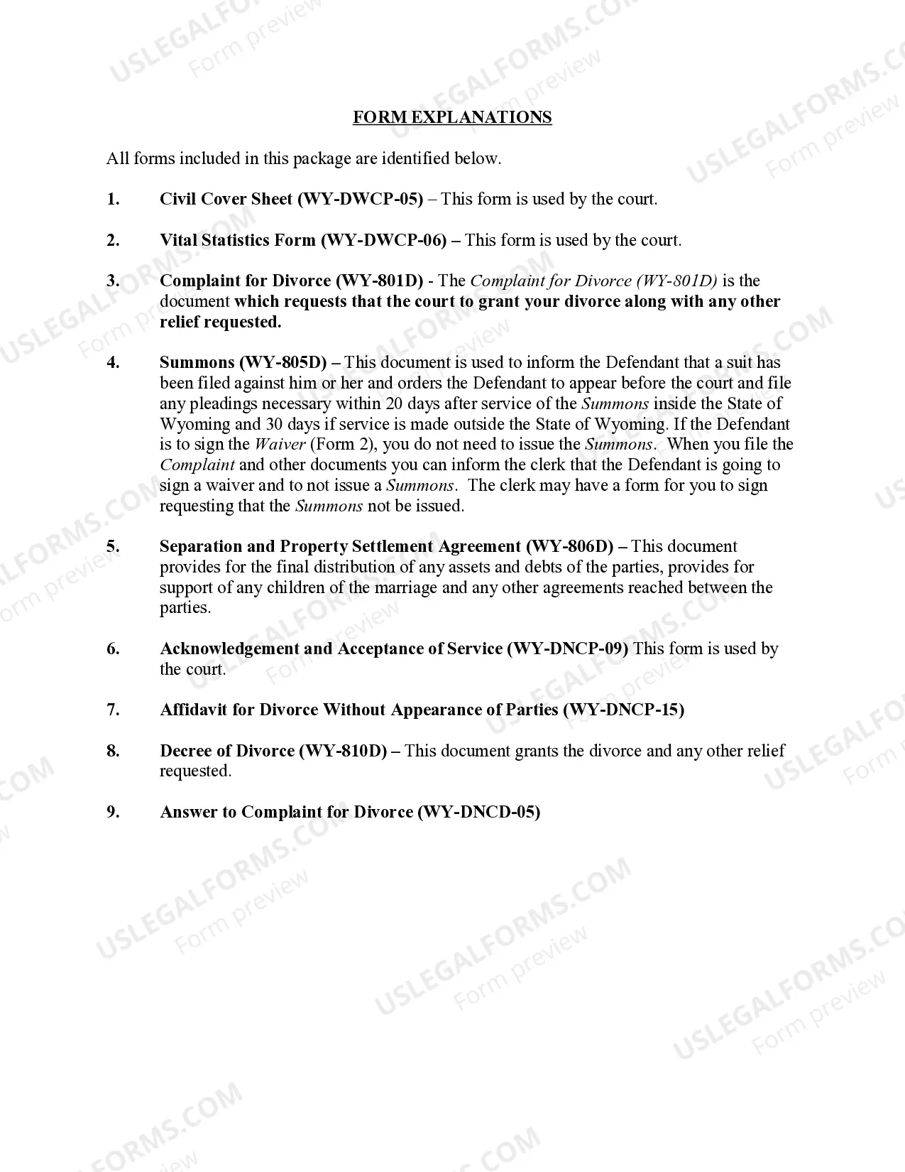Preview Wyoming No-Fault Uncontested Agreed Divorce Package for Dissolution of Marriage with Adult Children and with or without Property and Debts