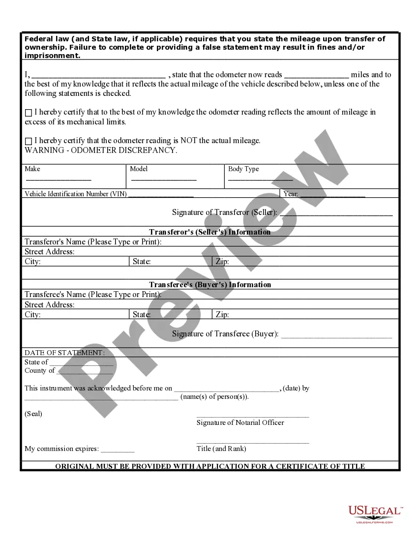 Get Bill of Sale of Automobile and Odometer Statement Preview Bill of Sale of Automobile and Odometer Statement